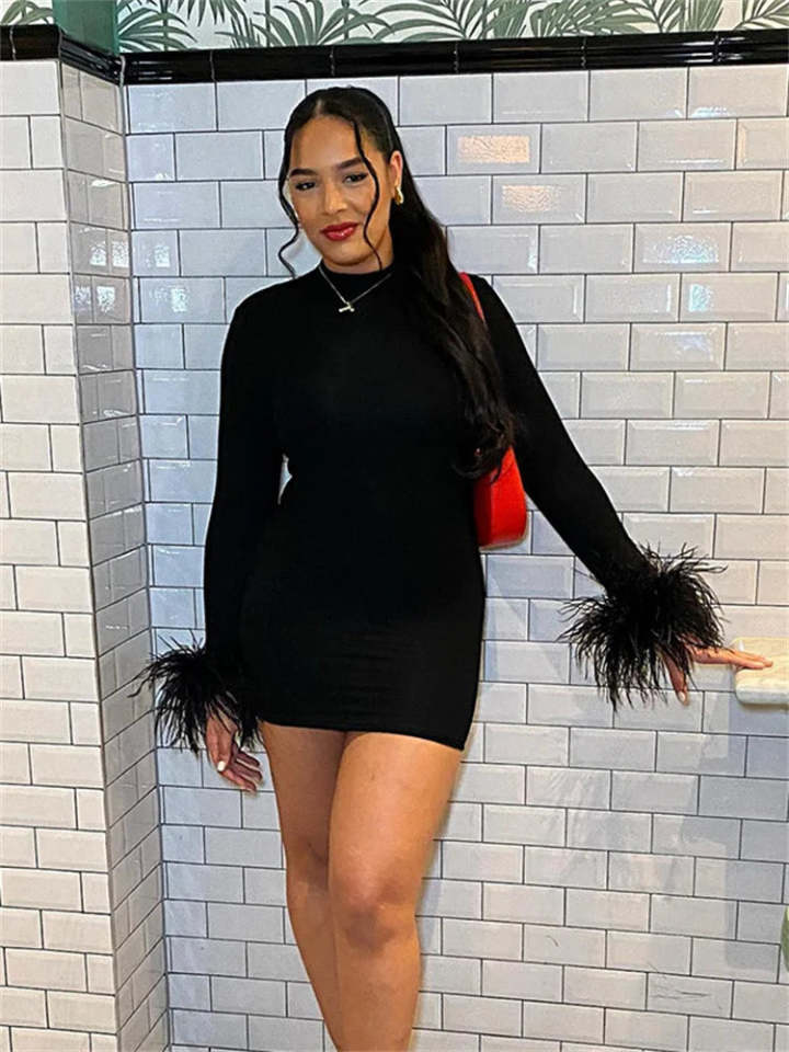 Adelyn | Women's Feather Cuff Long Sleeve Bodycon Mini Dress