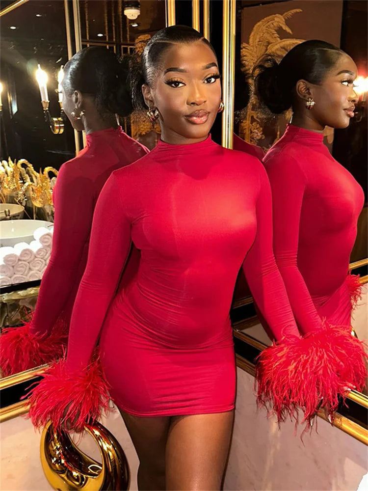 Adelyn | Women's Feather Cuff Long Sleeve Bodycon Mini Dress