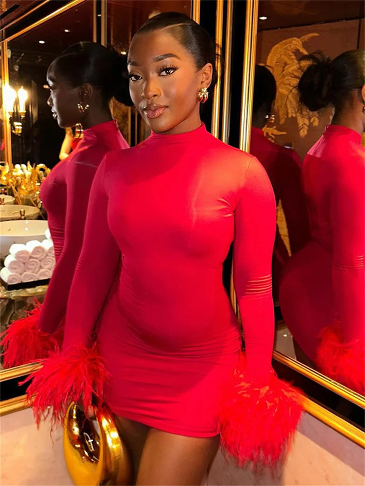 Adelyn | Women's Feather Cuff Long Sleeve Bodycon Mini Dress