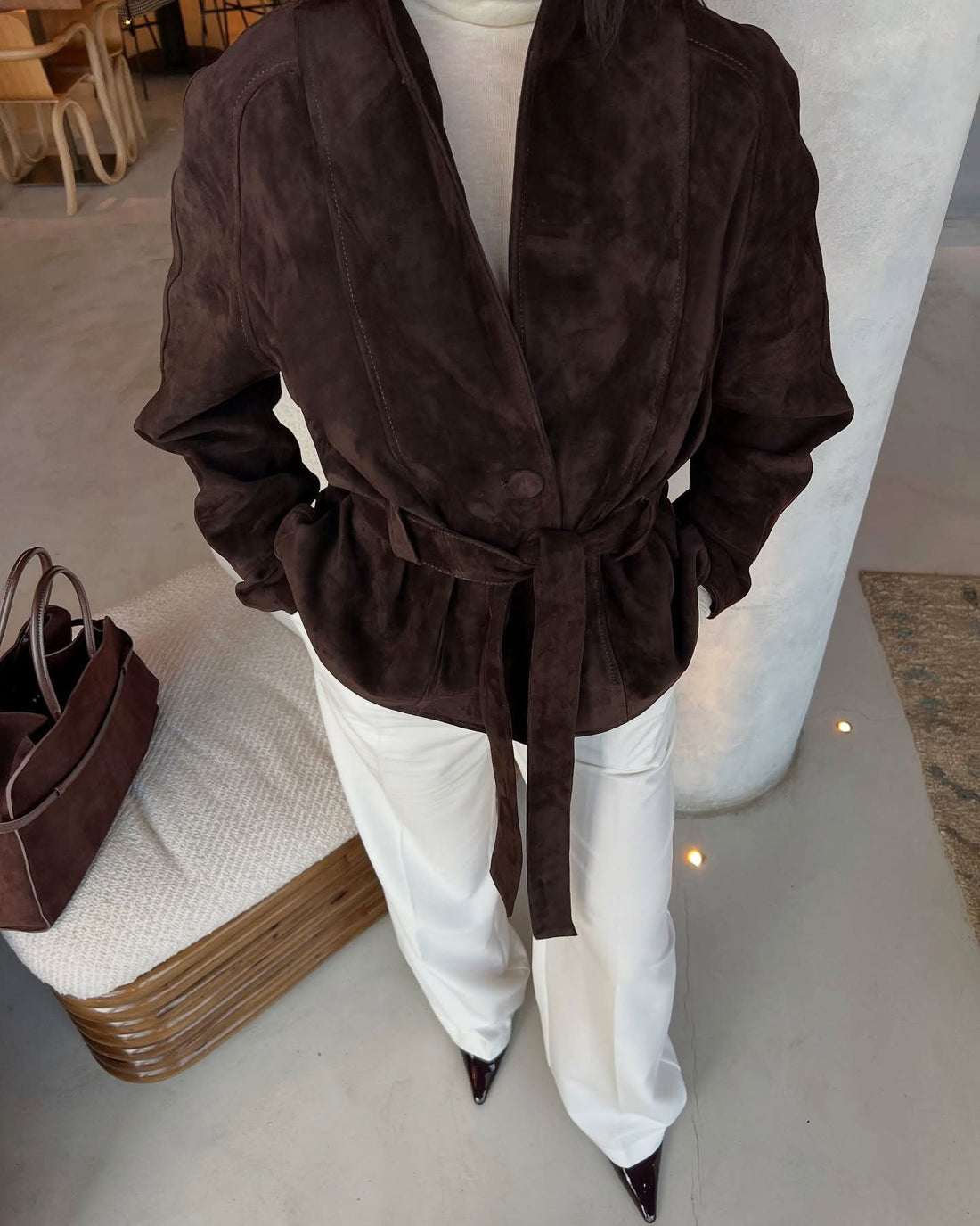Deborah | Women's Belted Shawl Collar Faux Suede Trench Coat Jacket