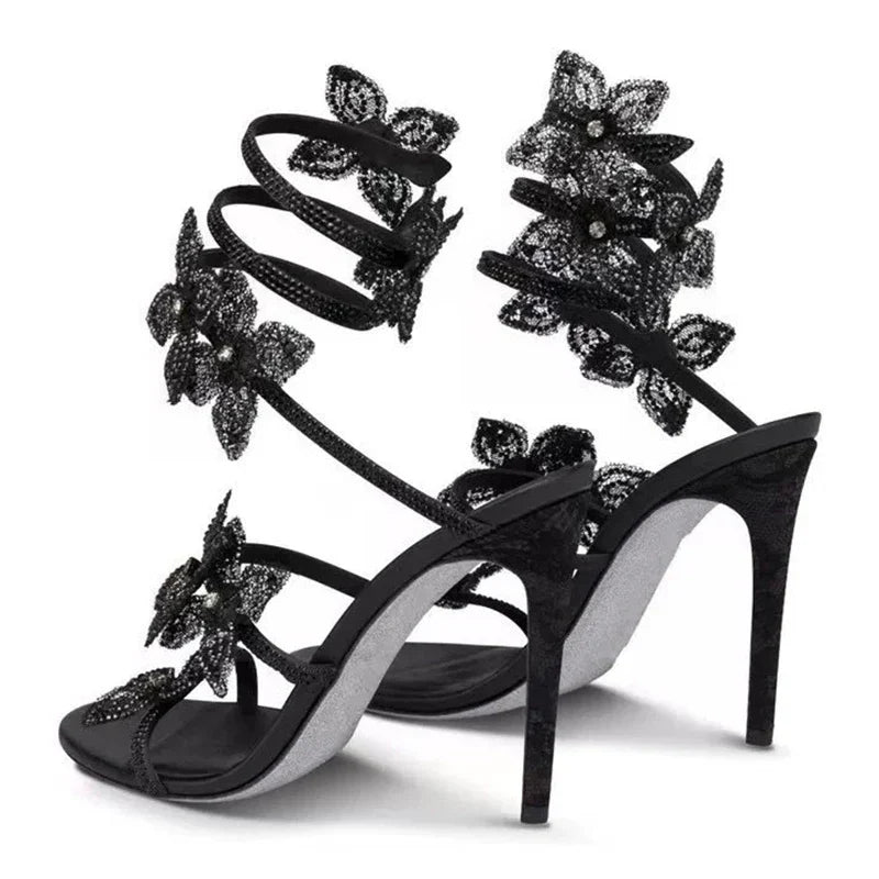 Morgan | Women’s Floral Rhinestone Wrap Strap Stiletto Sandals Heels