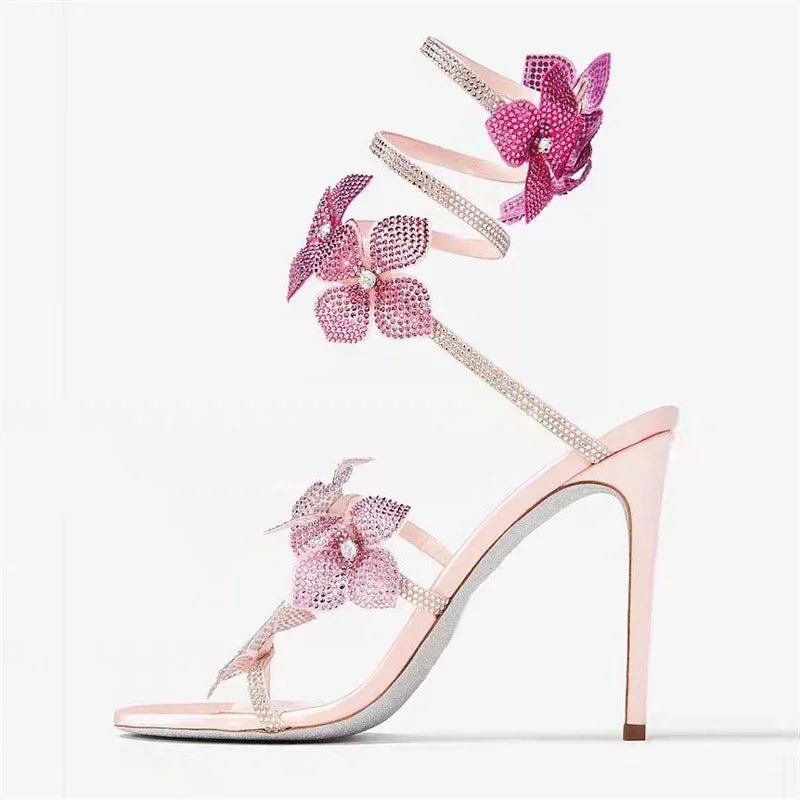 Rebecca | Women’s Floral Rhinestone Wrap Strap Stiletto Sandals Heels