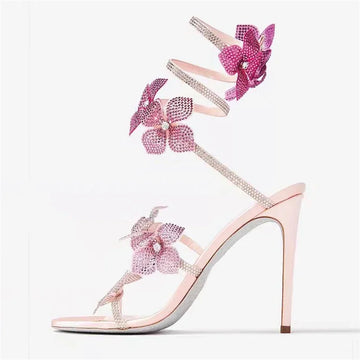 Rebecca | Women’s Floral Rhinestone Wrap Strap Stiletto Sandals Heels