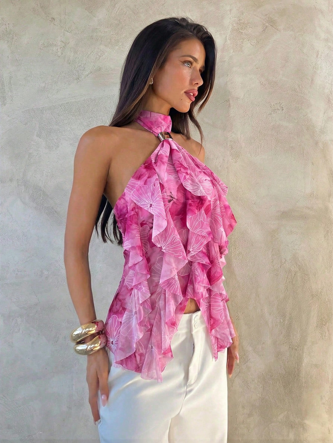 Sabrina | Women's Halter Ruffle Sleeveless Sheer Layered Party Top