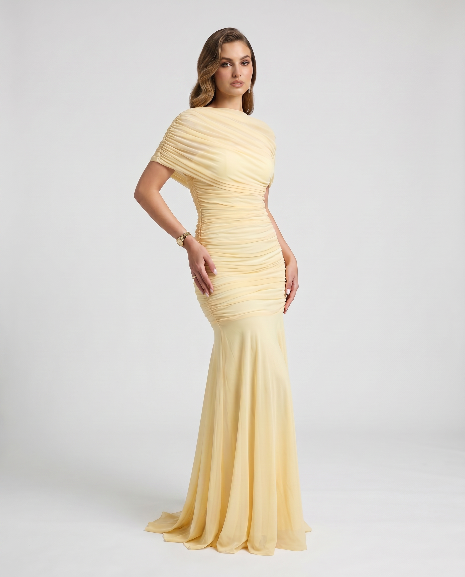 Shelby | Women's Ruched Mermaid Short Sleeve Maxi Wedding Guest Dress