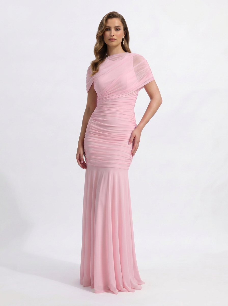 Shelby | Women's Ruched Mermaid Short Sleeve Maxi Wedding Guest Dress