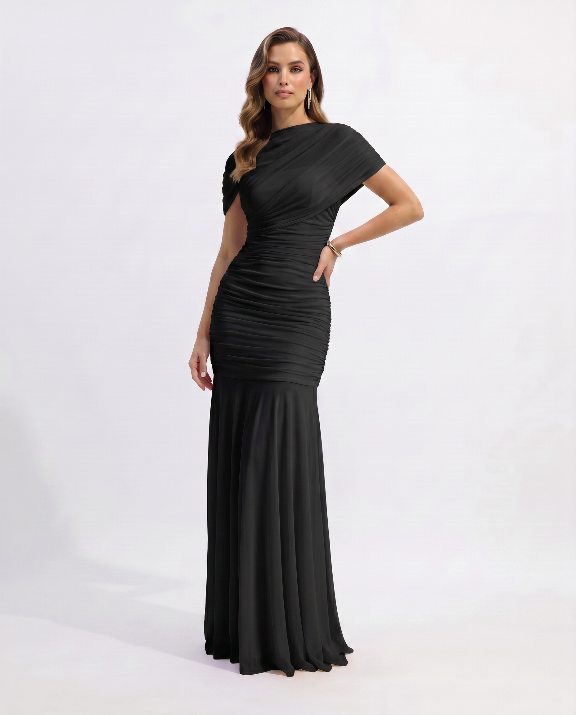 Shelby | Women's Ruched Mermaid Short Sleeve Maxi Wedding Guest Dress