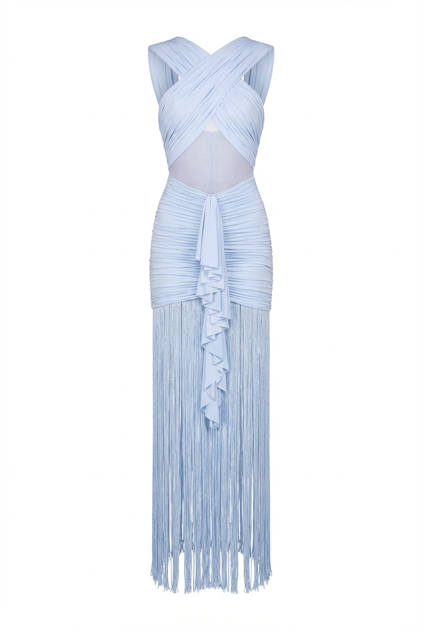 Trinity | Women’s Crisscross Halter Fringe Maxi Prom Wedding Guest Dress