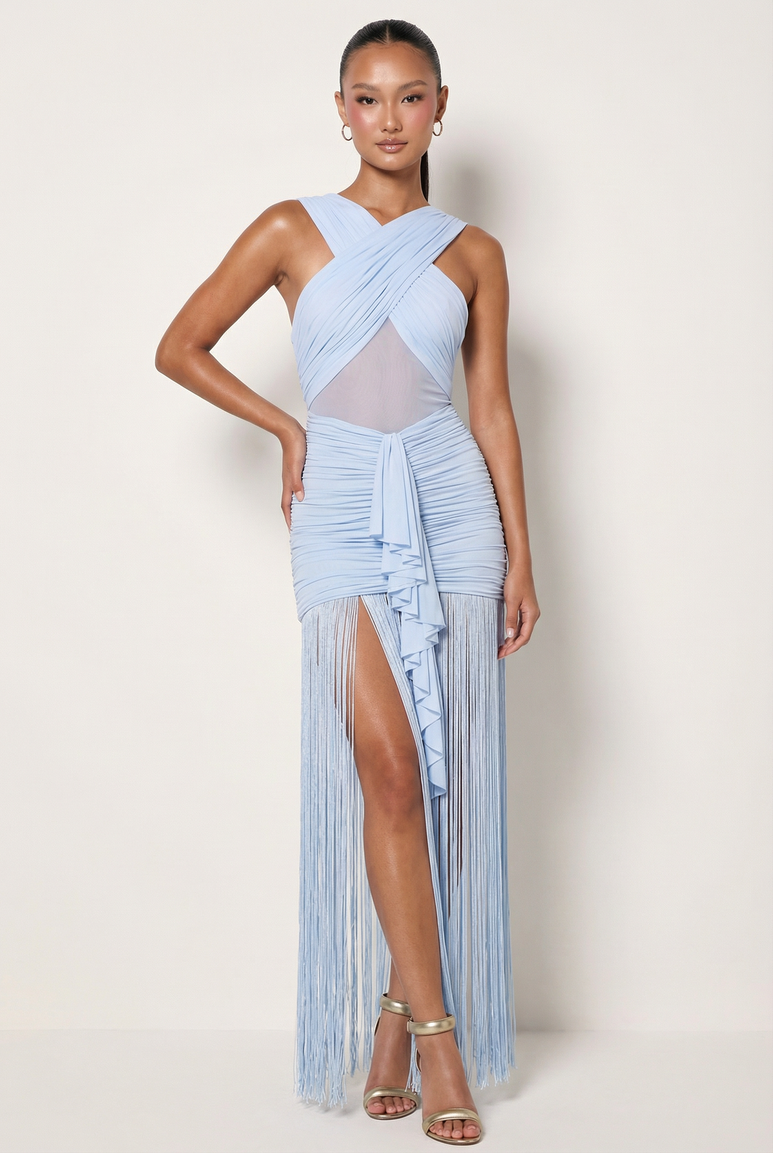 Trinity | Women’s Crisscross Halter Fringe Maxi Prom Wedding Guest Dress