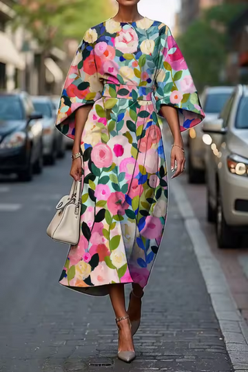 Women's Wedding Guest Floral Belted Midi Dress