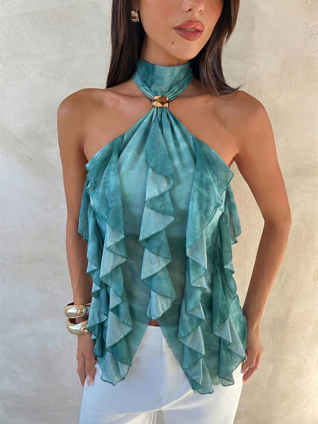 Sabrina | Women's Halter Ruffle Sleeveless Sheer Layered Party Top