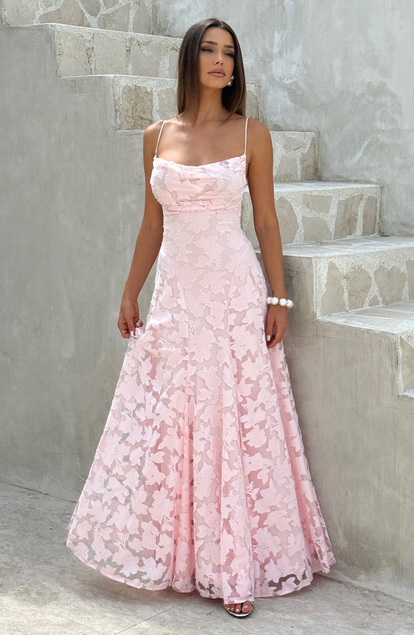 Pink floral lace maxi dress — front view showing flowing fit-and-flare design.