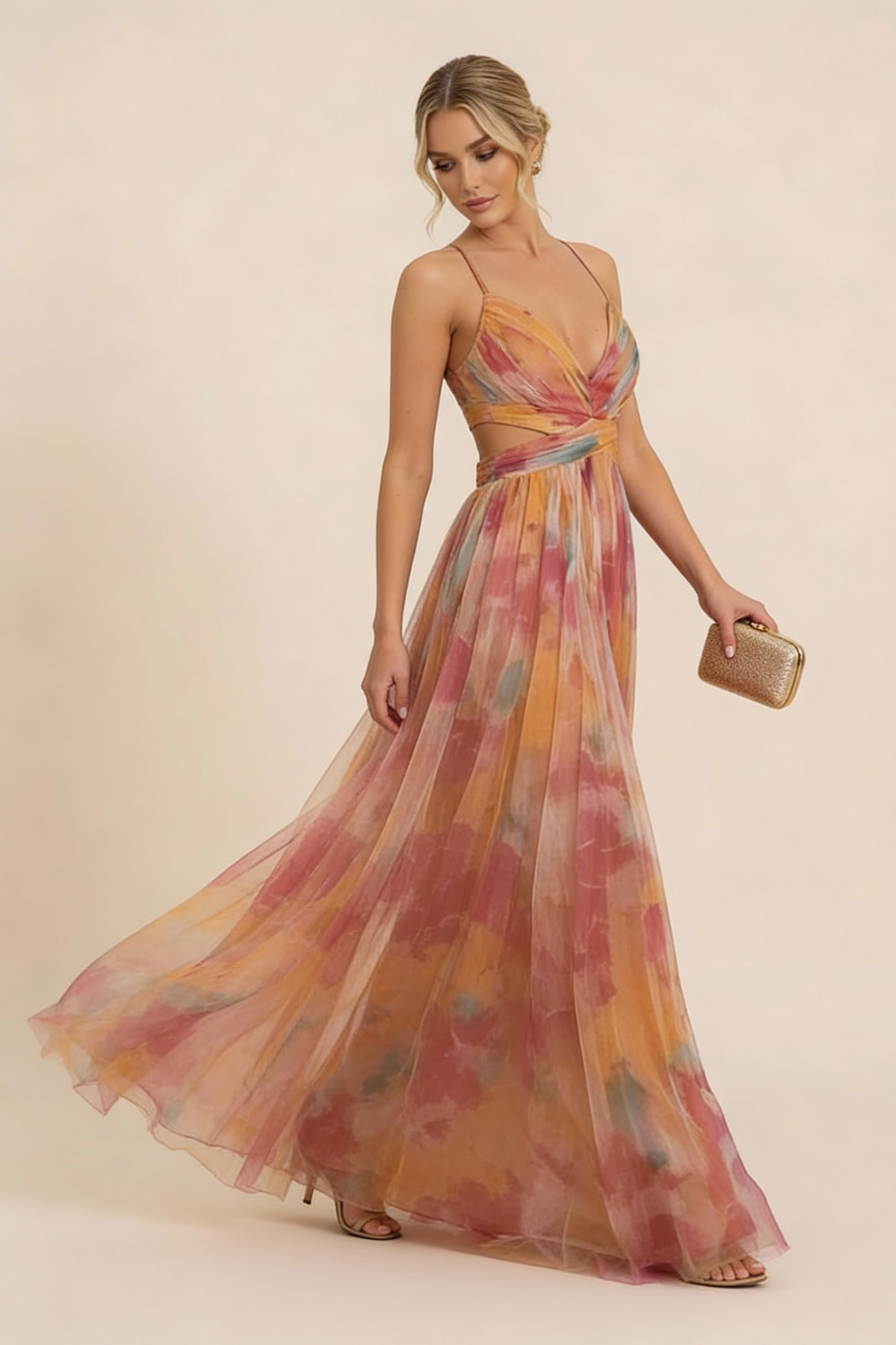 Flowing Addison Watercolor Maxi Dress in motion, showcasing the sheer overlay and pleats in the skirt, paired with heels.