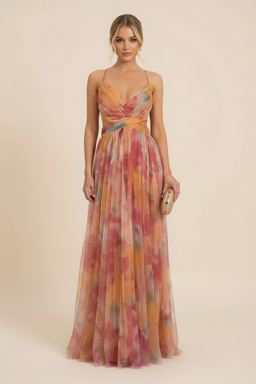 Full-length Addison Watercolor Maxi Dress in vibrant pink, orange, and blue hues, with a criss-cross bodice and flowing skirt.