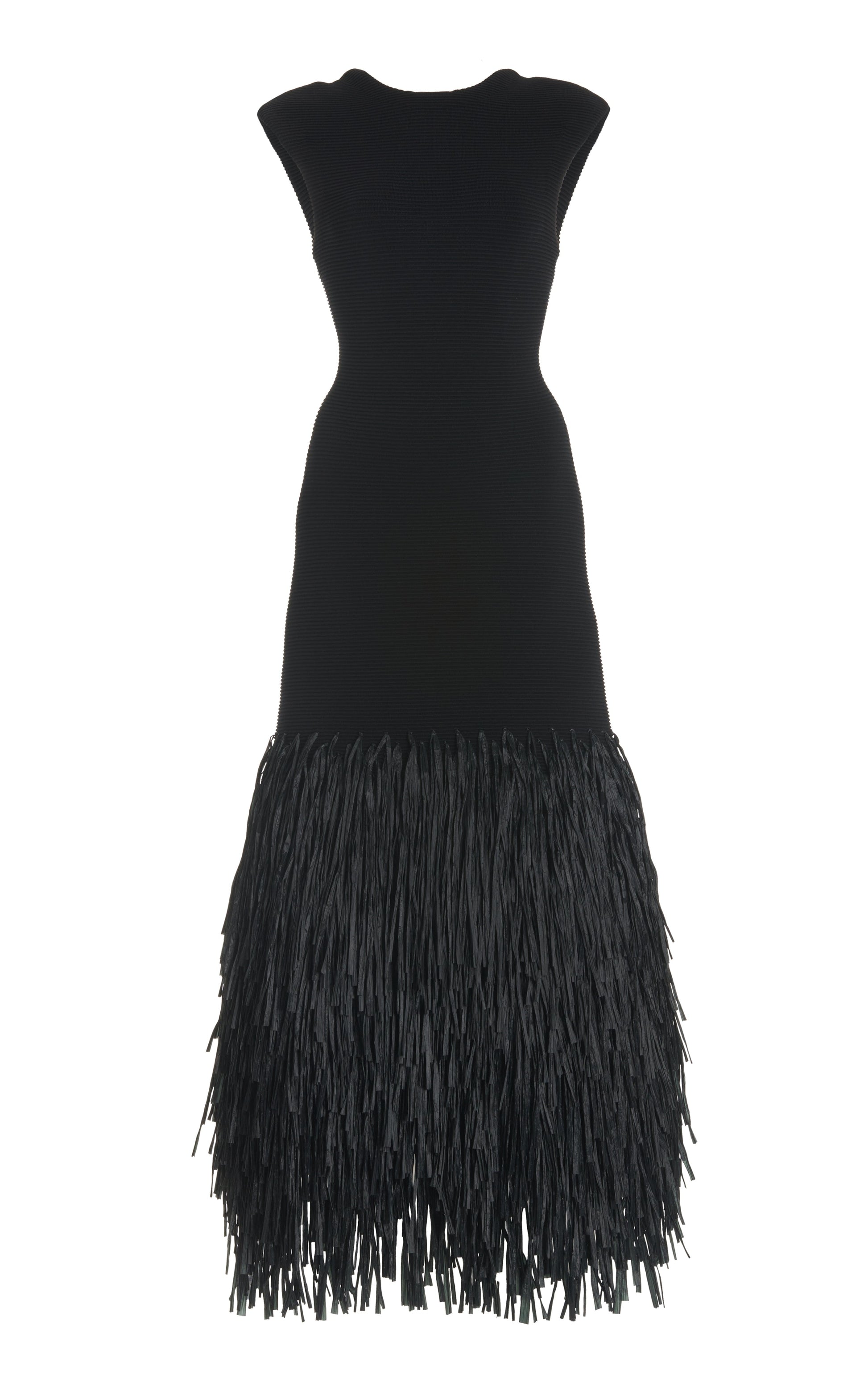 Front view of a black sleeveless midi dress with a fitted ribbed top and a voluminous fringe skirt on a white background.