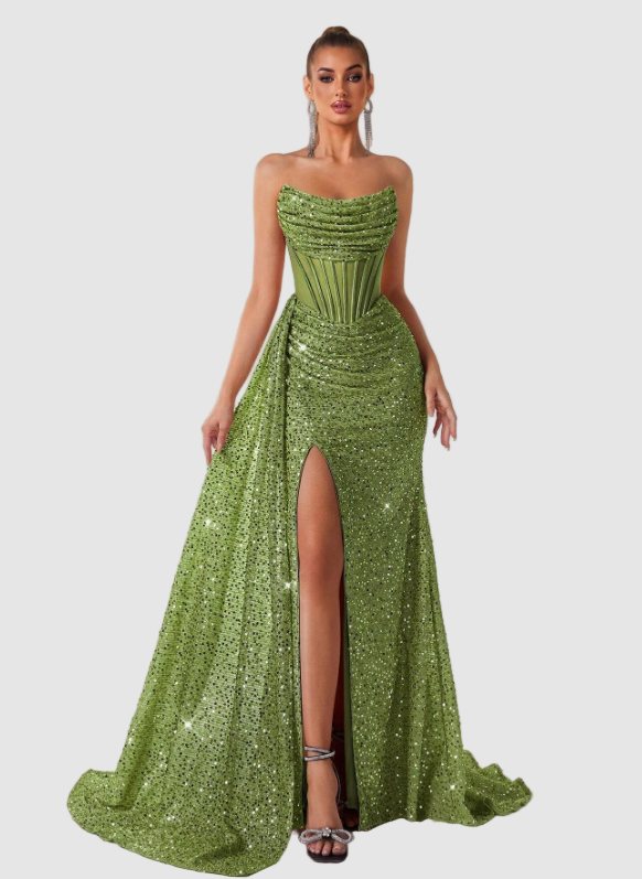Lime green sequin maxi dress with a strapless silhouette, ruched bodice, and a high slit, perfect for a formal event.