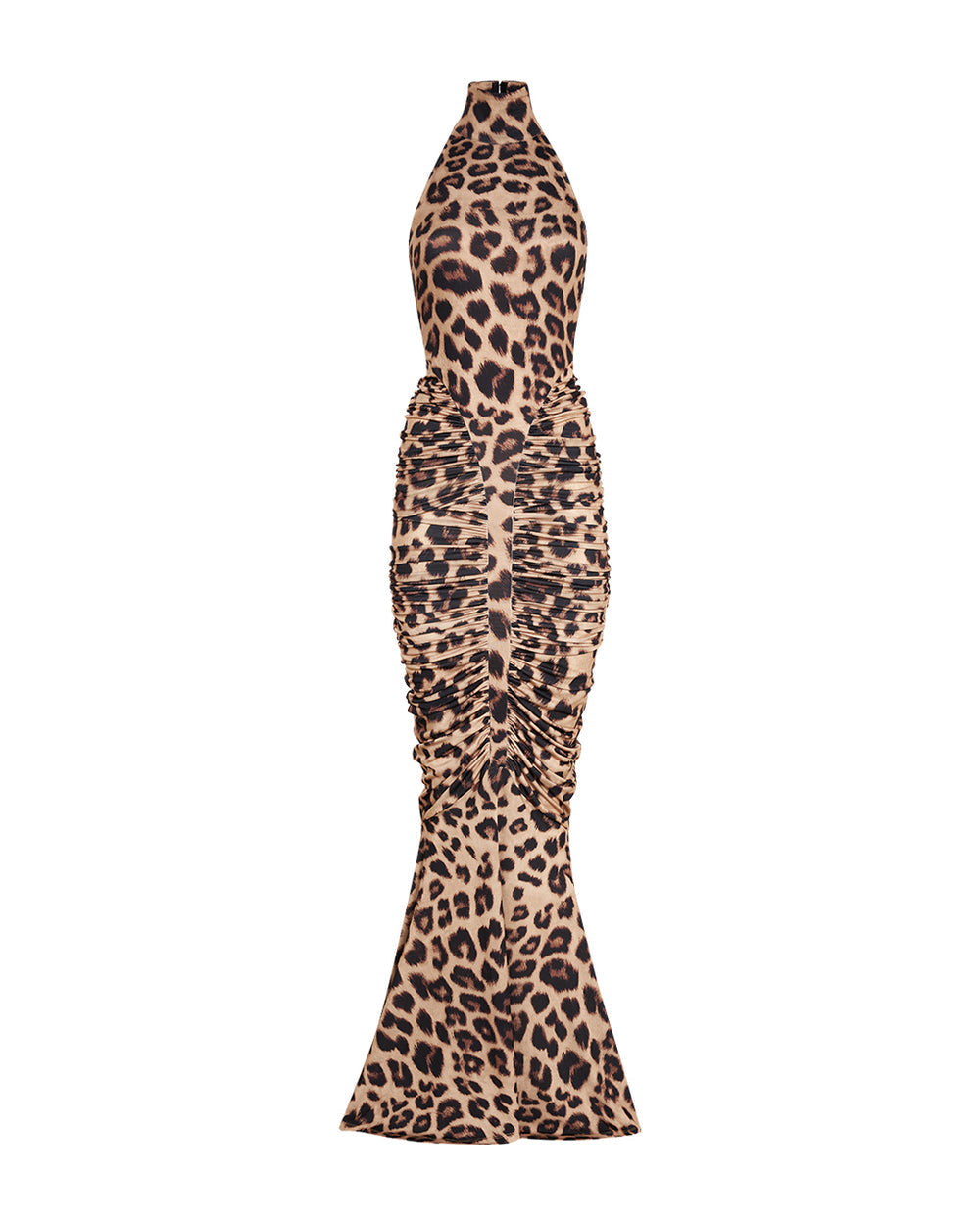 Front view of the Amara leopard print maxi dress, featuring a high neck, ruched body, and a slight flare at the hem, on a white background.