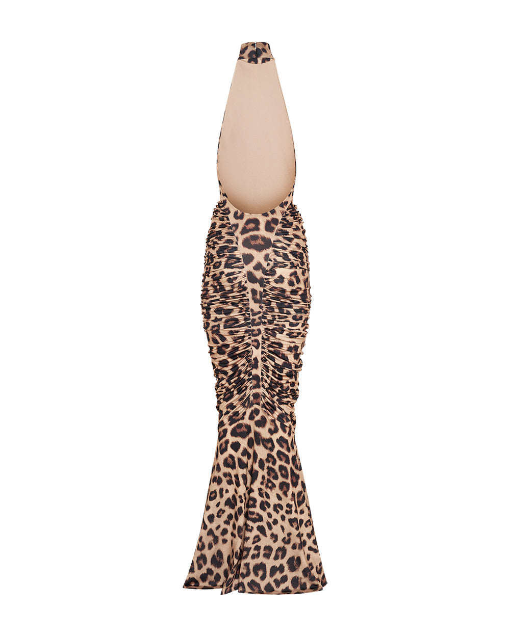 Back view of the Amara leopard print maxi dress, showing the deep open back and ruched fabric detail, on a white background.