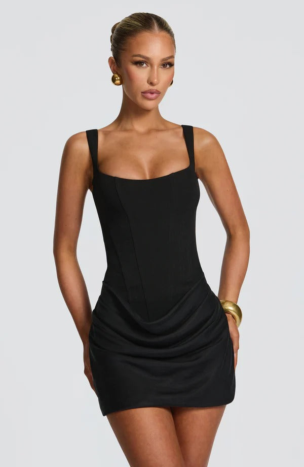 Close-up front view of the black Amelie ruched mini dress, focusing on the square neckline and ruched detailing.