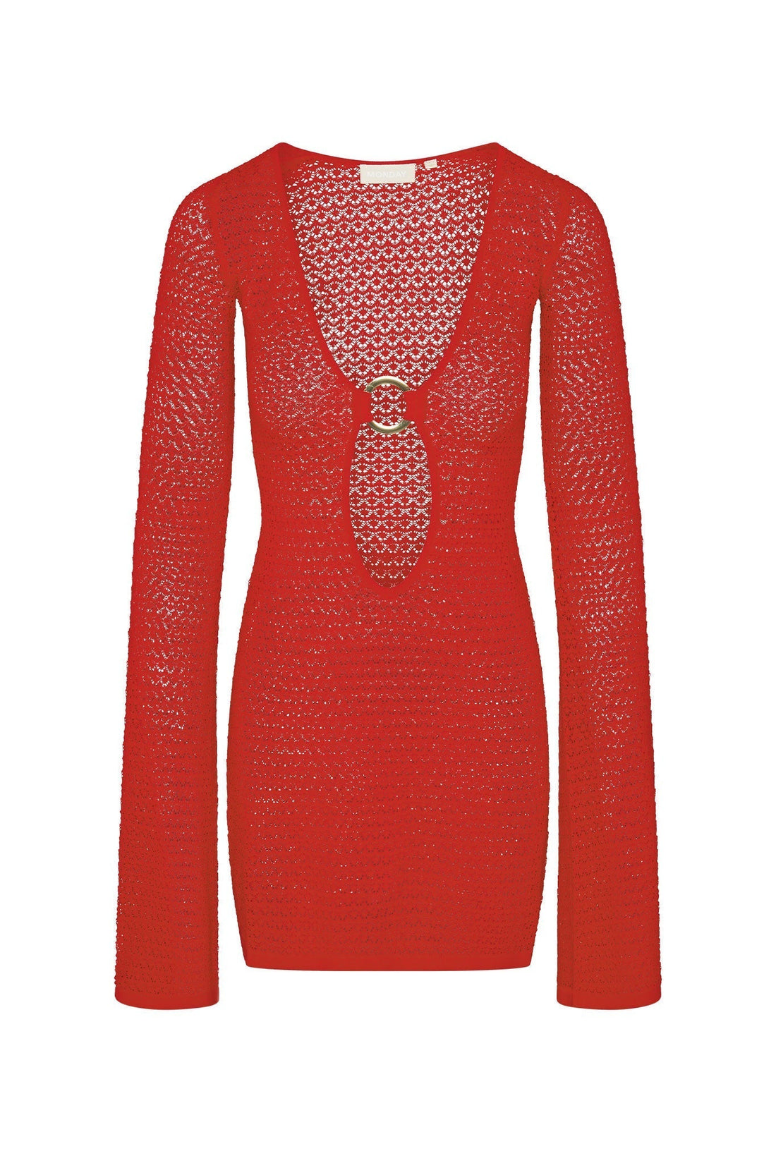 Red crochet mini dress with long sleeves and a gold O-ring detail at the deep V-neck cutout.