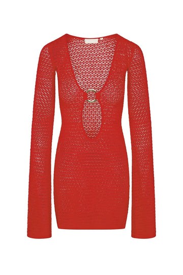Red crochet mini dress with long sleeves and a gold O-ring detail at the deep V-neck cutout.