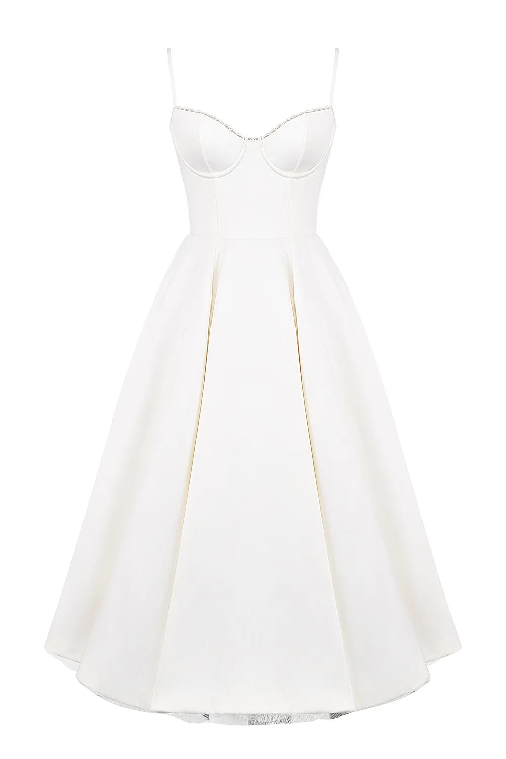 Studio shot of a white Angela corset midi dress with a sweetheart neckline, structured bodice, and a full, pleated skirt, on a white background.