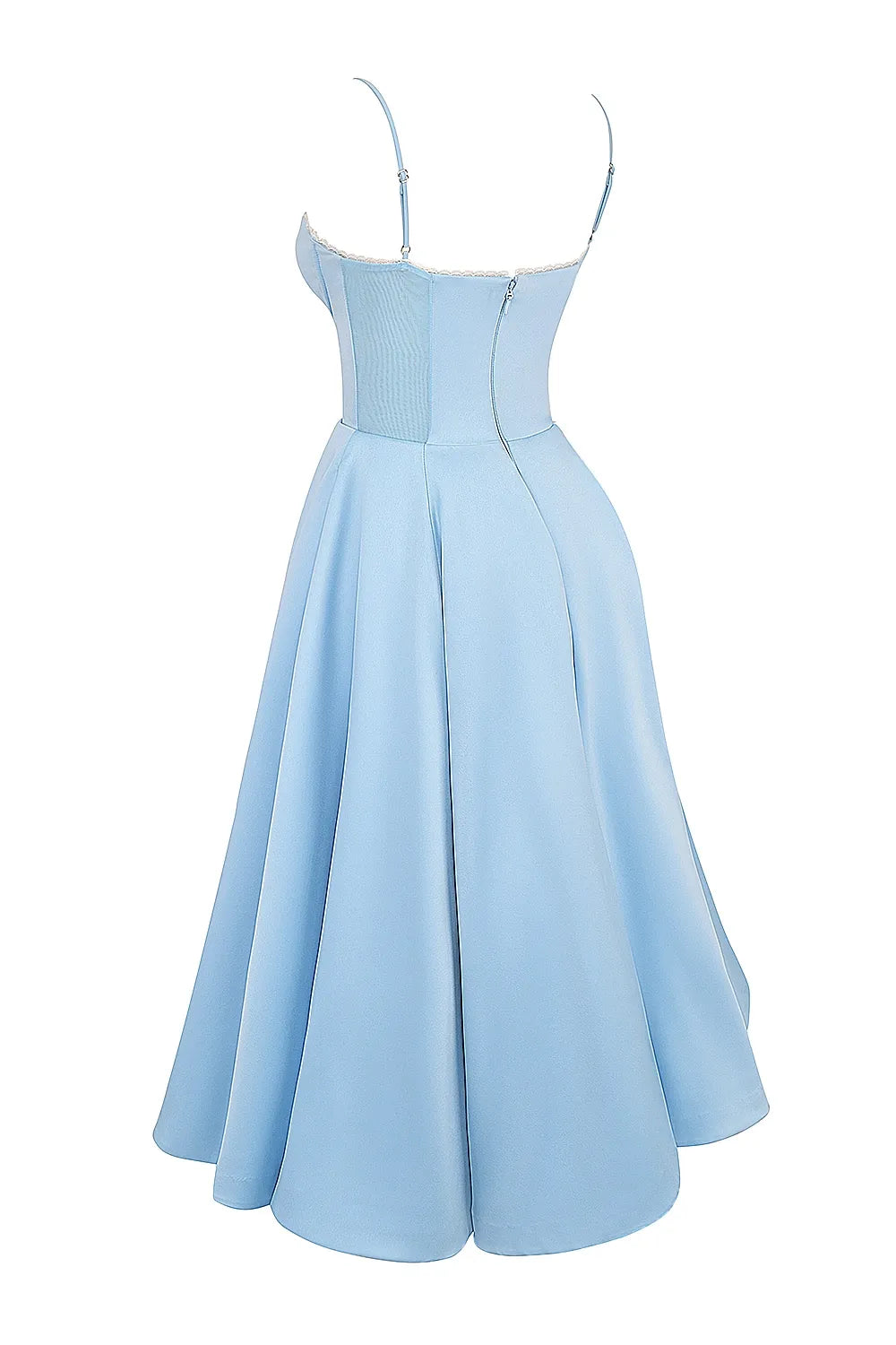 Back view of a light blue corset midi dress, showcasing the full skirt and delicate spaghetti straps.