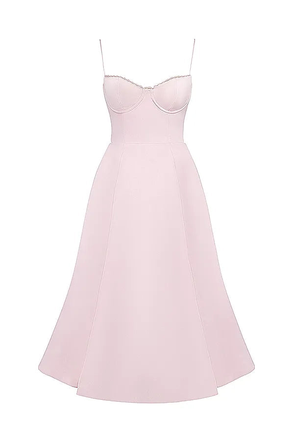Front view of a light pink Angela corset midi dress on a mannequin, featuring a structured bustier and a full skirt.
