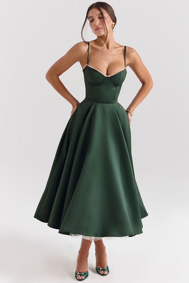 Front view of a dark green Angela Corset Midi Dress with spaghetti straps and a full skirt, showing white lace trim on the bust.