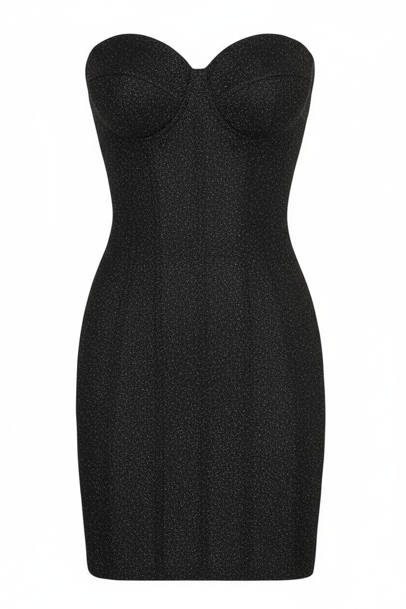 Front view of a sleek black glitter mini dress with a sweetheart neckline and a form-fitting silhouette.