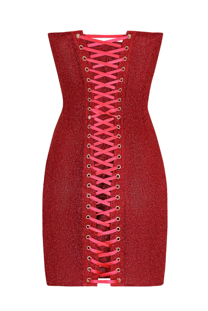 Back view of a red glitter mini dress featuring a full-length pink lace-up corset detail with gold eyelets.