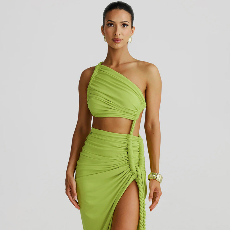 Close-up of the bright lime green Aspen Rope Maxi Dress, showing the gathered fabric and unique rope tie on the side.