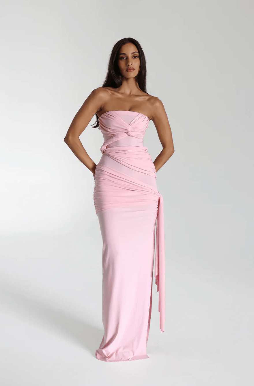 Blush ruched strapless maxi dress with front knot detail and high side slit for women