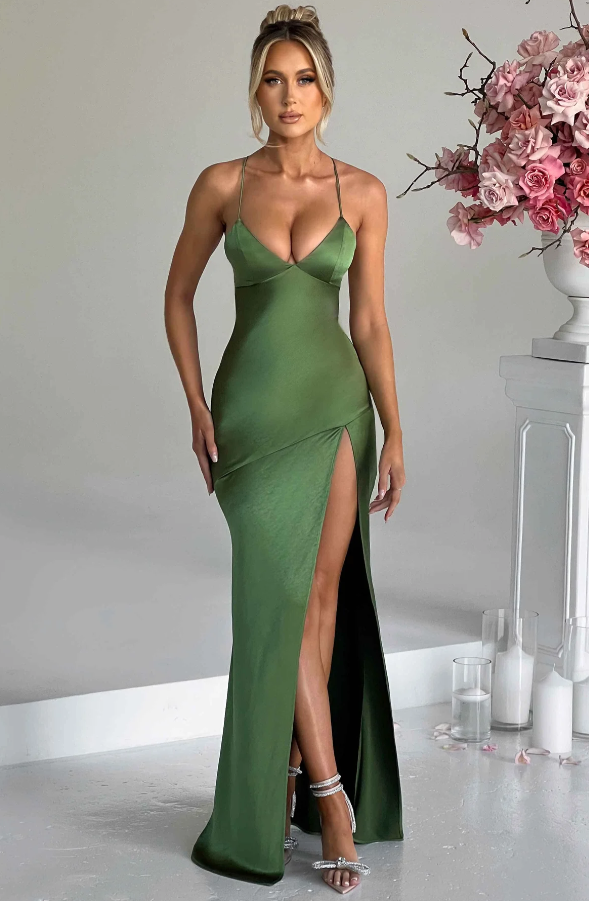 Luxurious olive green satin plunge maxi dress with a form-fitting design and a high leg slit, perfect for special occasions.