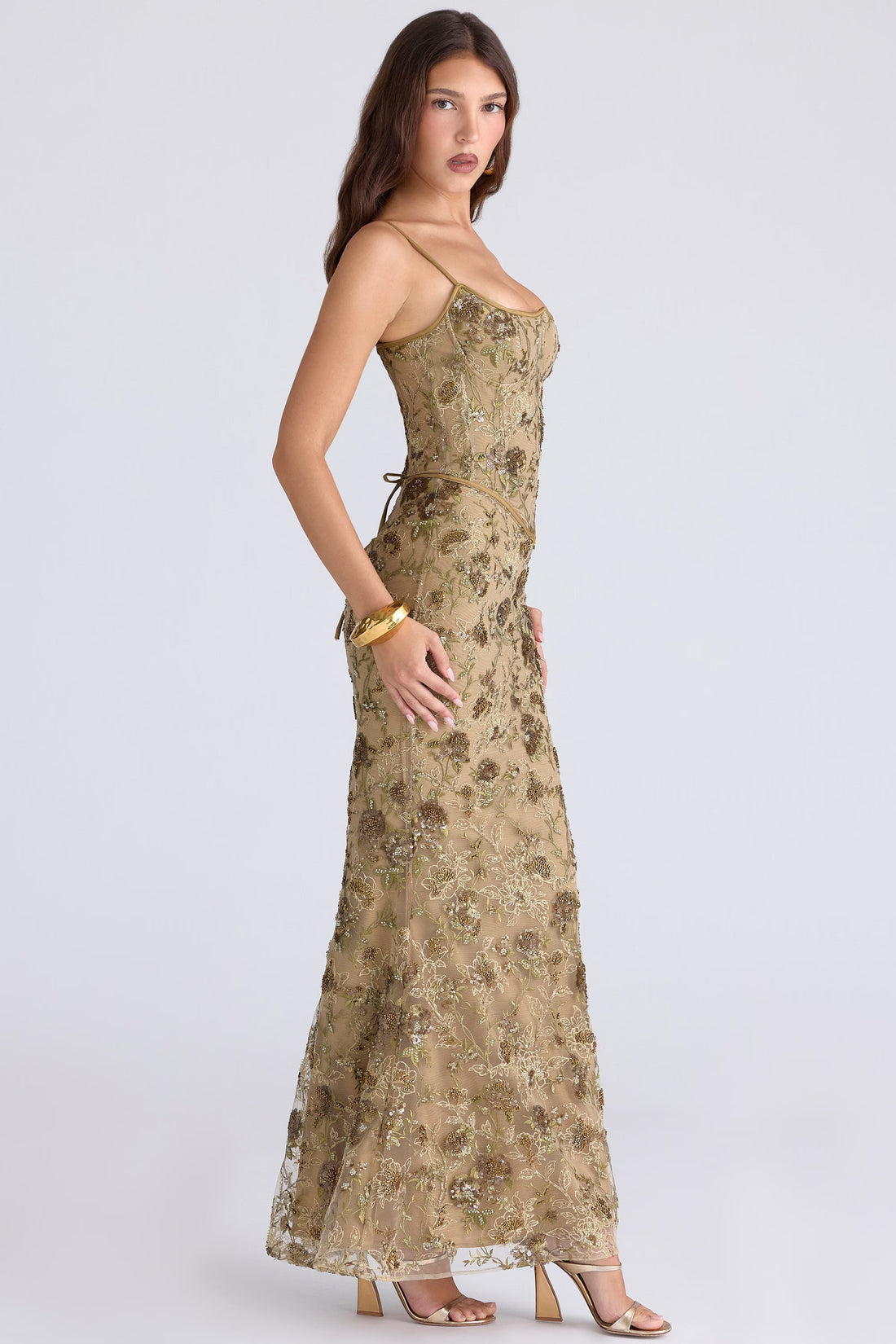 Champagne embroidered maxi dress with sweetheart neckline and spaghetti straps for women