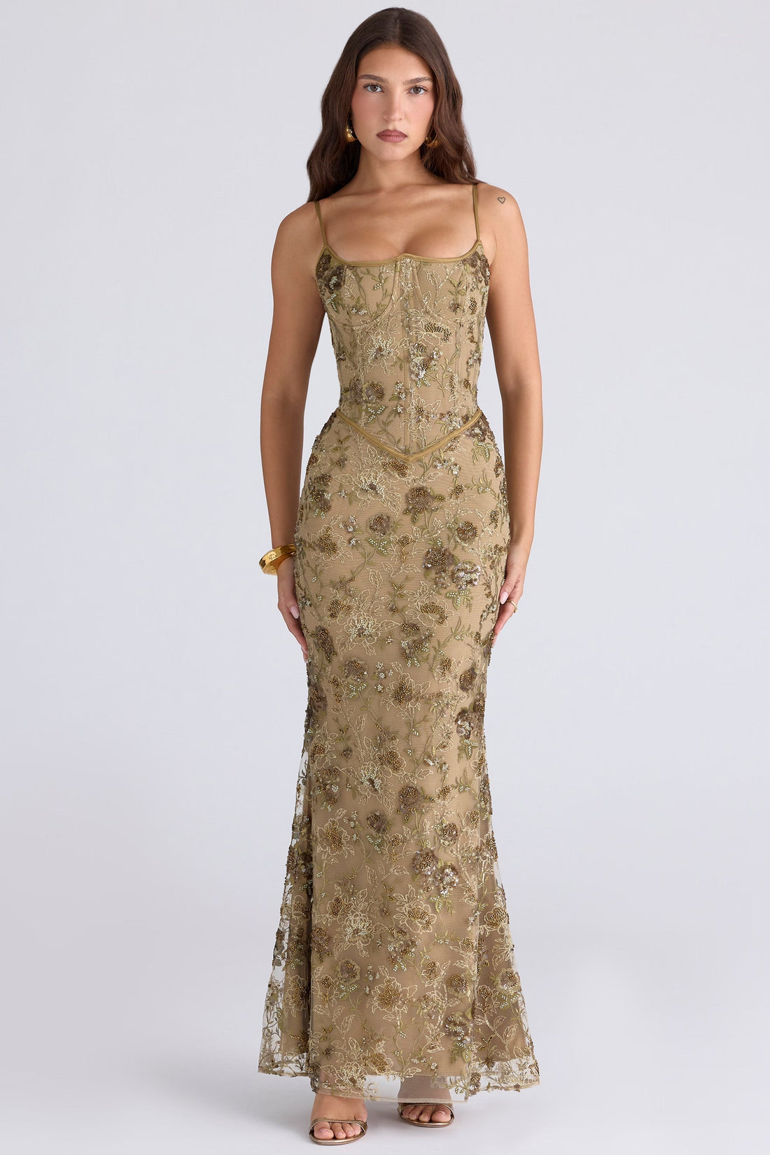 Champagne embroidered maxi dress with sweetheart neckline and spaghetti straps for women