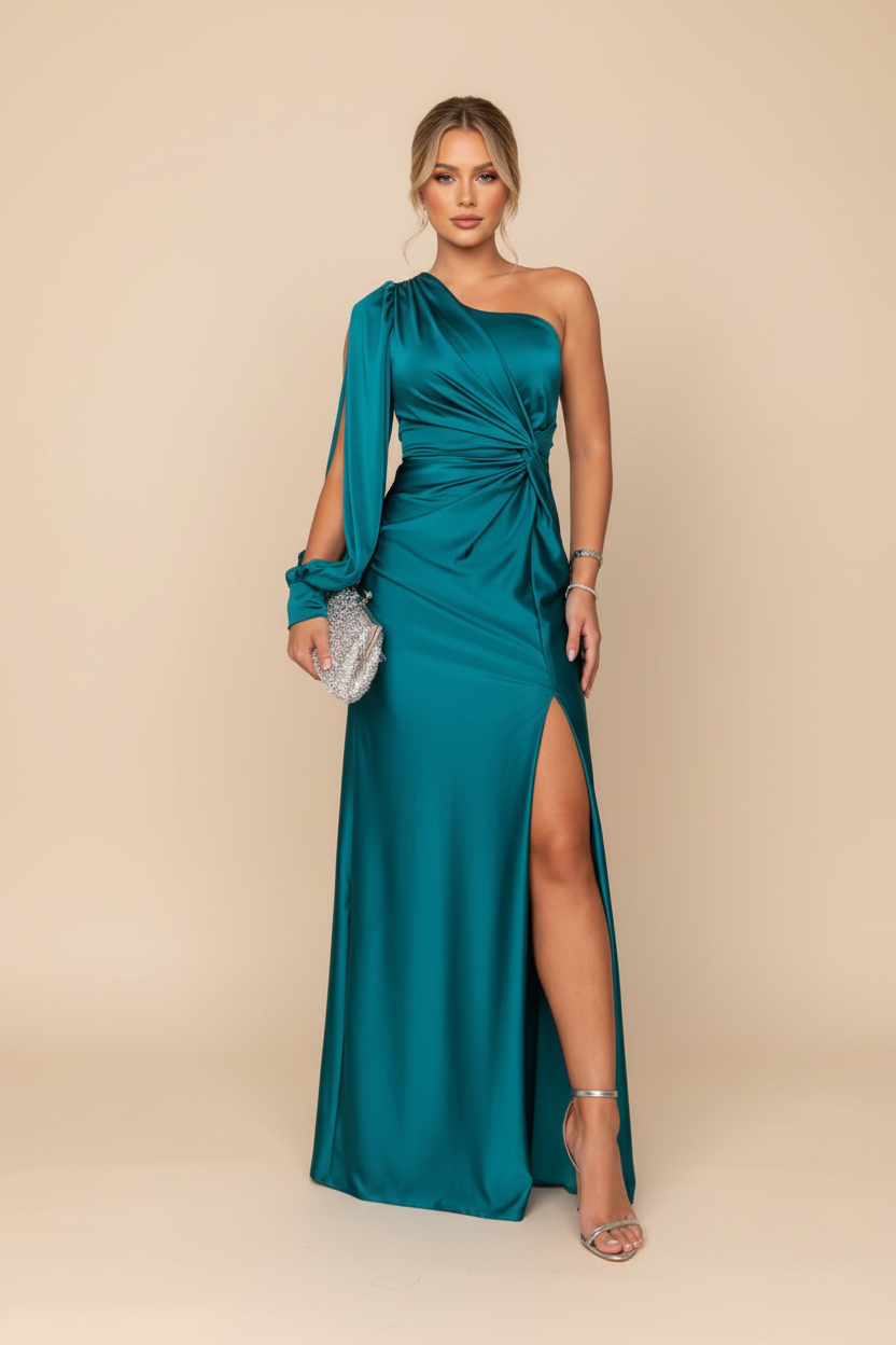 Model in a teal Avalynn Draped Maxi Dress, highlighting the one-shoulder long sleeve, knotted bodice, and front slit, accessorized with a sparkling clutch.