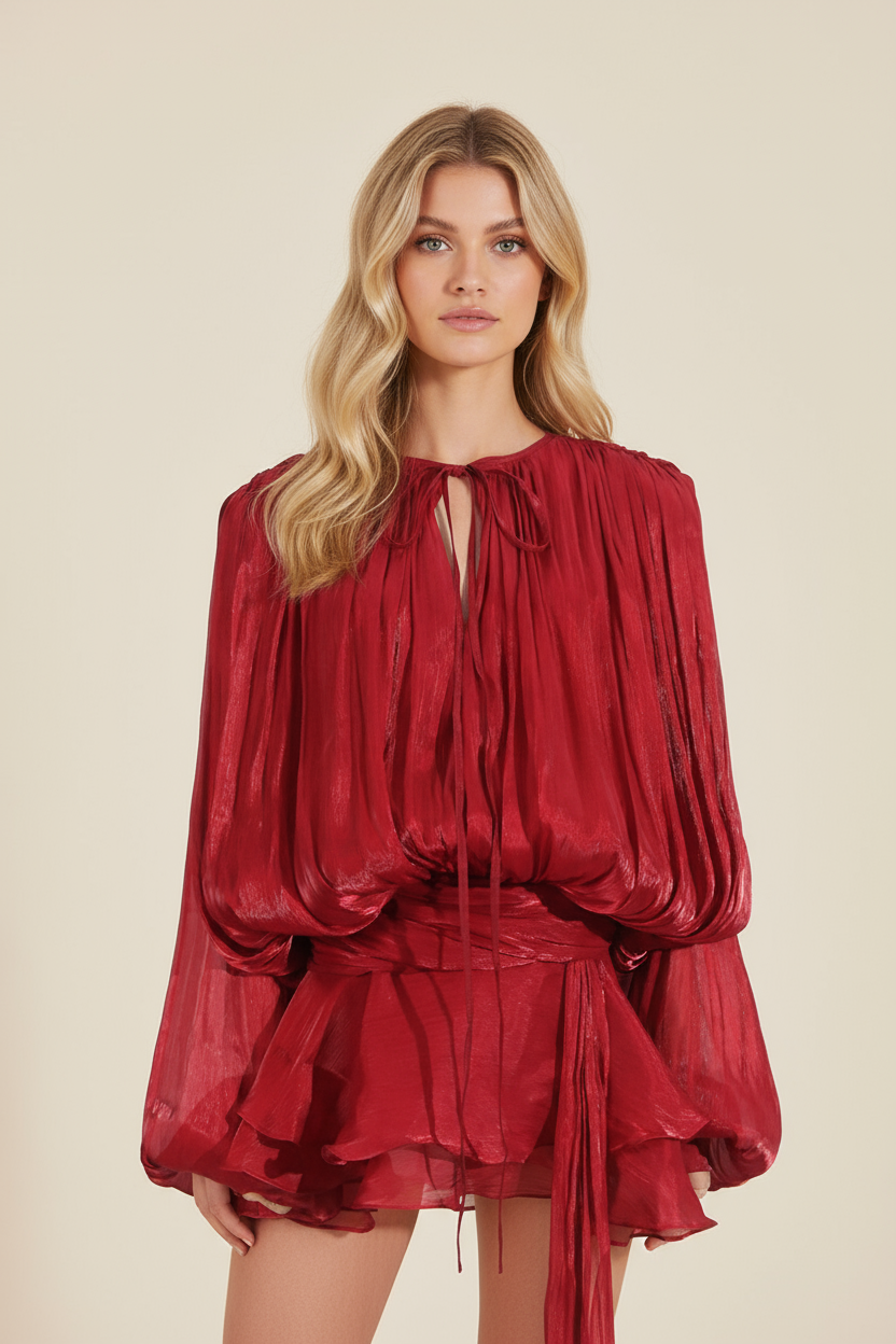 Close up of the Bella Tiered Mini Dress in deep red with long balloon sleeves and a tie neckline, showing textured fabric.