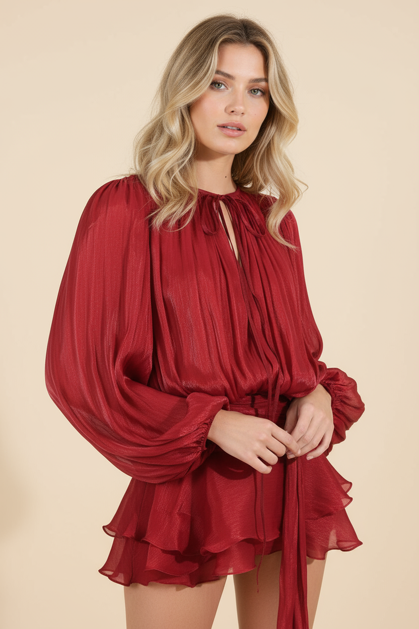 Close up of the Bella Tiered Mini Dress in deep red with long balloon sleeves and a tie neckline, showing textured fabric.