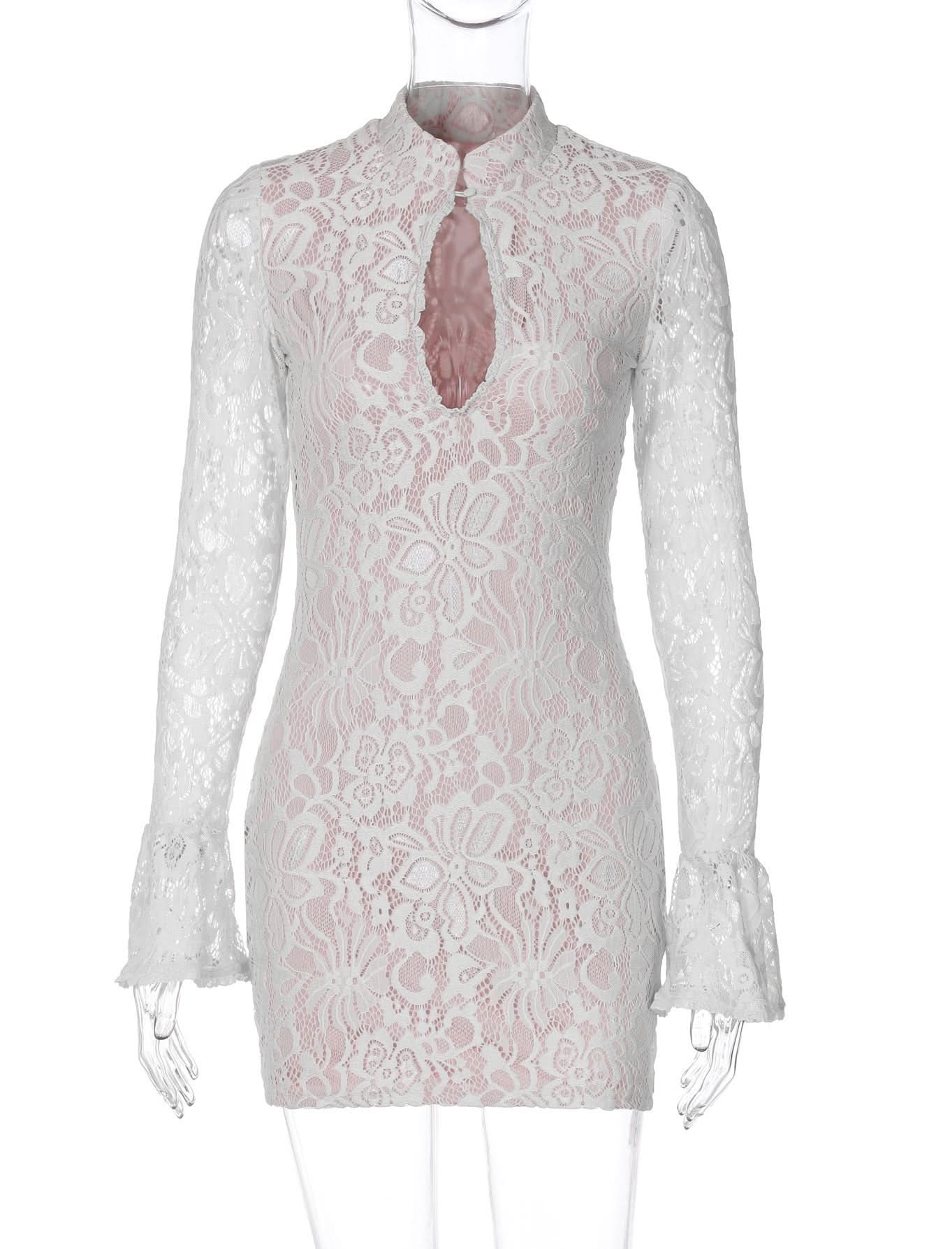 Front view of a white lace mini dress on a mannequin, displaying the high neck, keyhole, and ruffled cuffs.