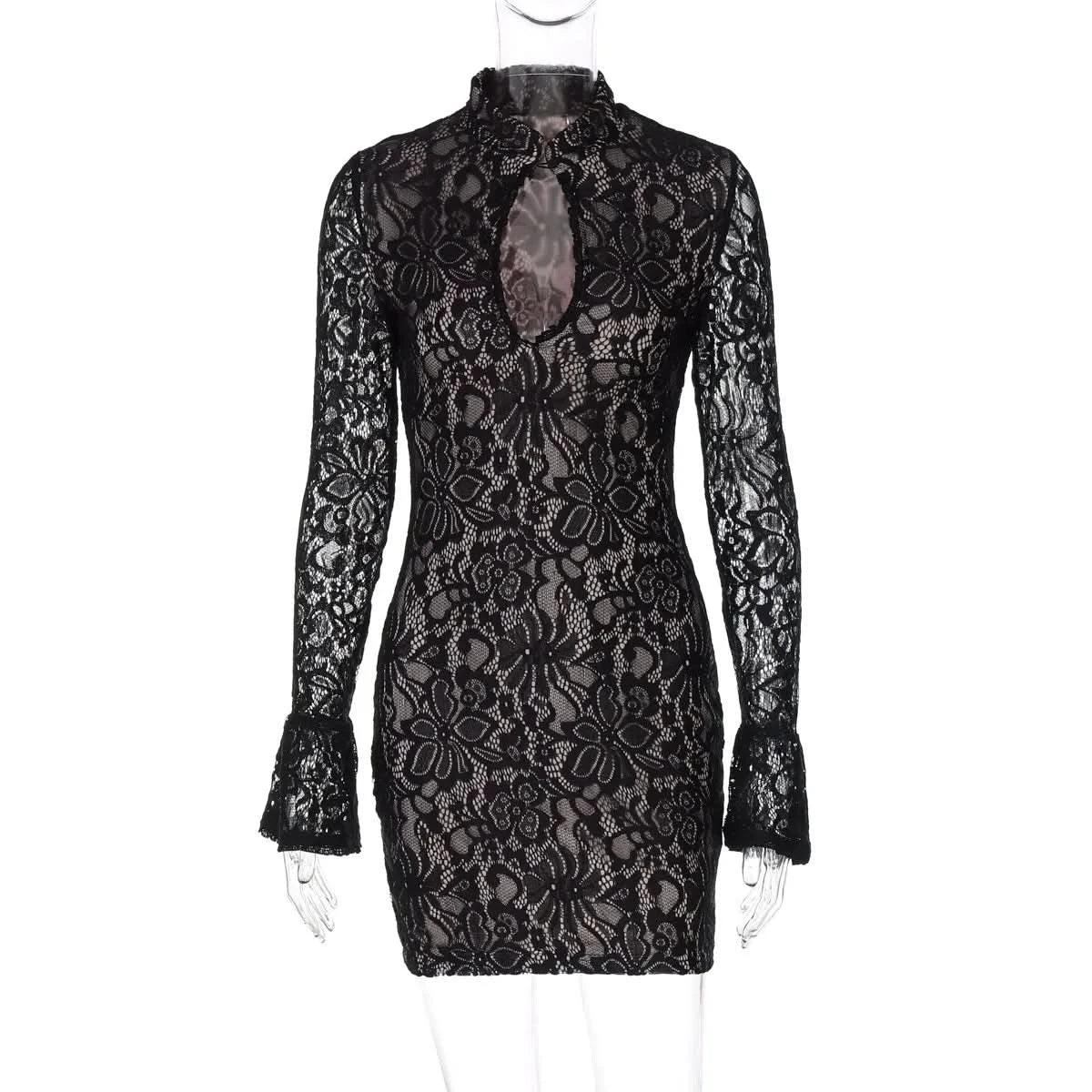 Front view of a black lace mini dress on a mannequin, featuring a high neck, keyhole cutout, and flared long sleeves.