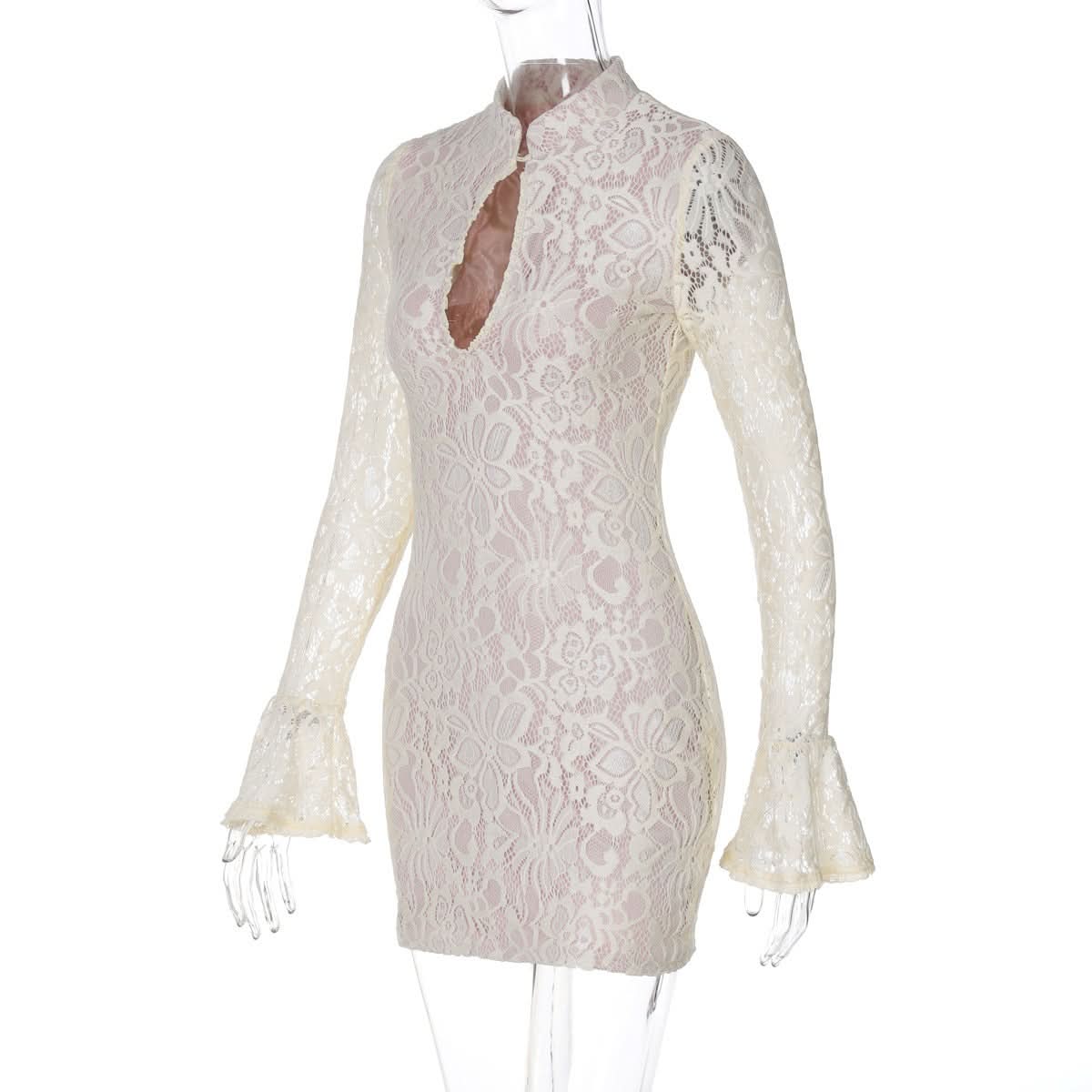 Side view of a white lace mini dress on a mannequin, with long flared sleeves and a high collar.