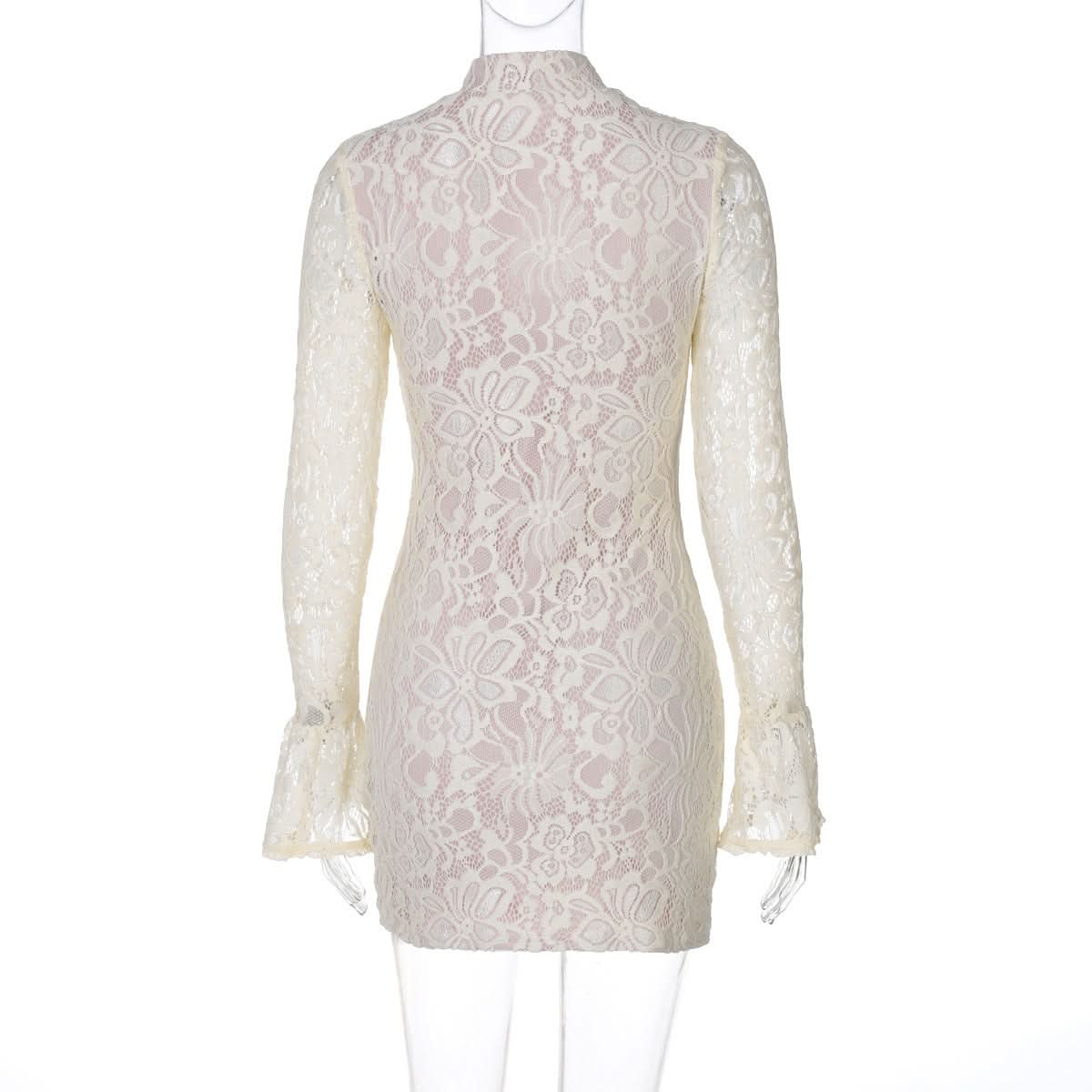 Back view of a white lace mini dress on a mannequin, showing the intricate lace pattern and long flared sleeves.