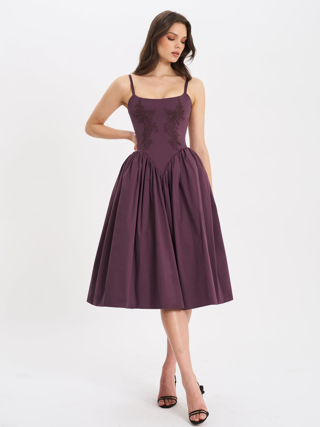 Purple embroidered midi dress with square neckline and spaghetti straps for women, front view.