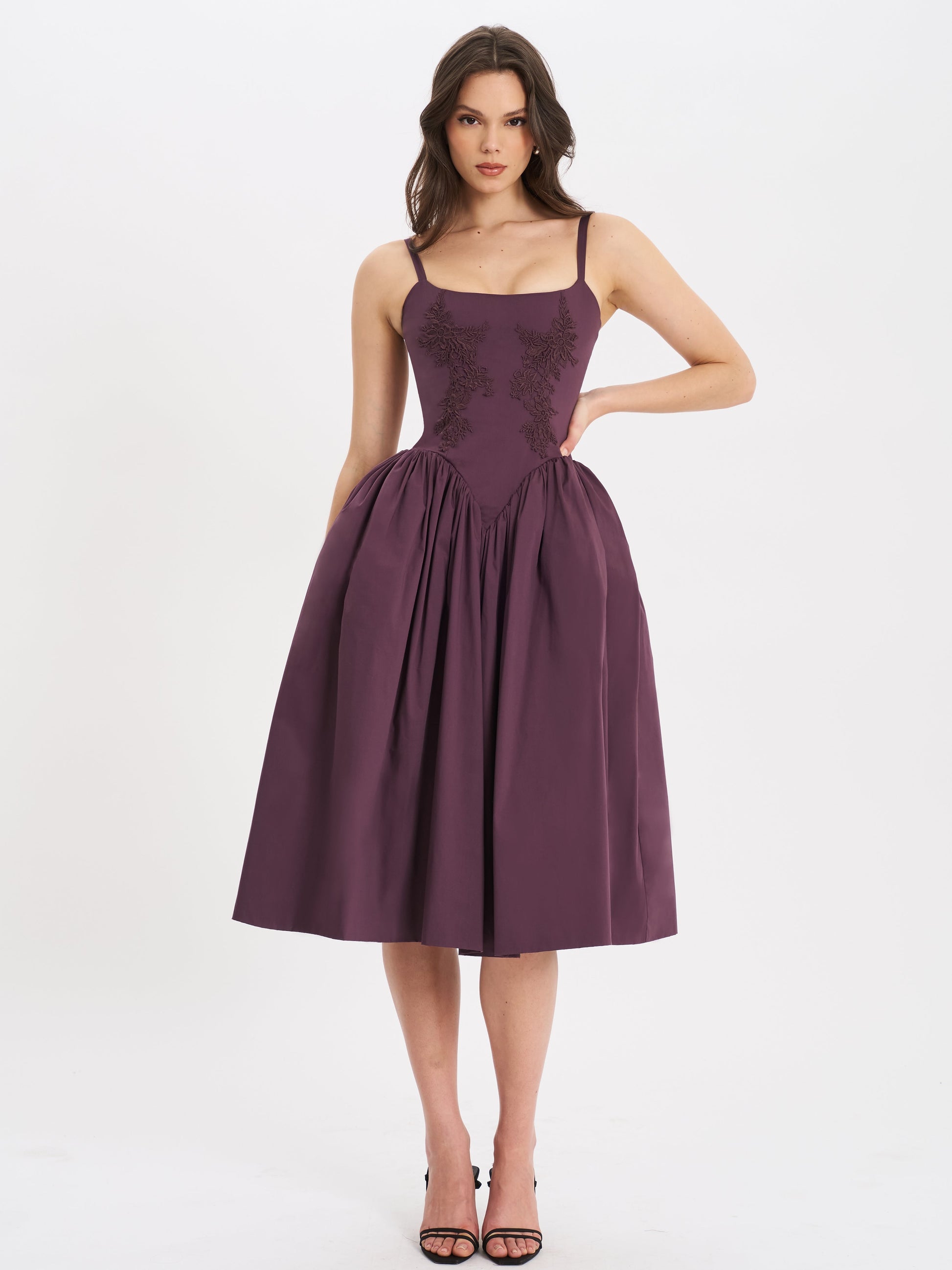 Purple embroidered midi dress with square neckline and spaghetti straps for women, front view.