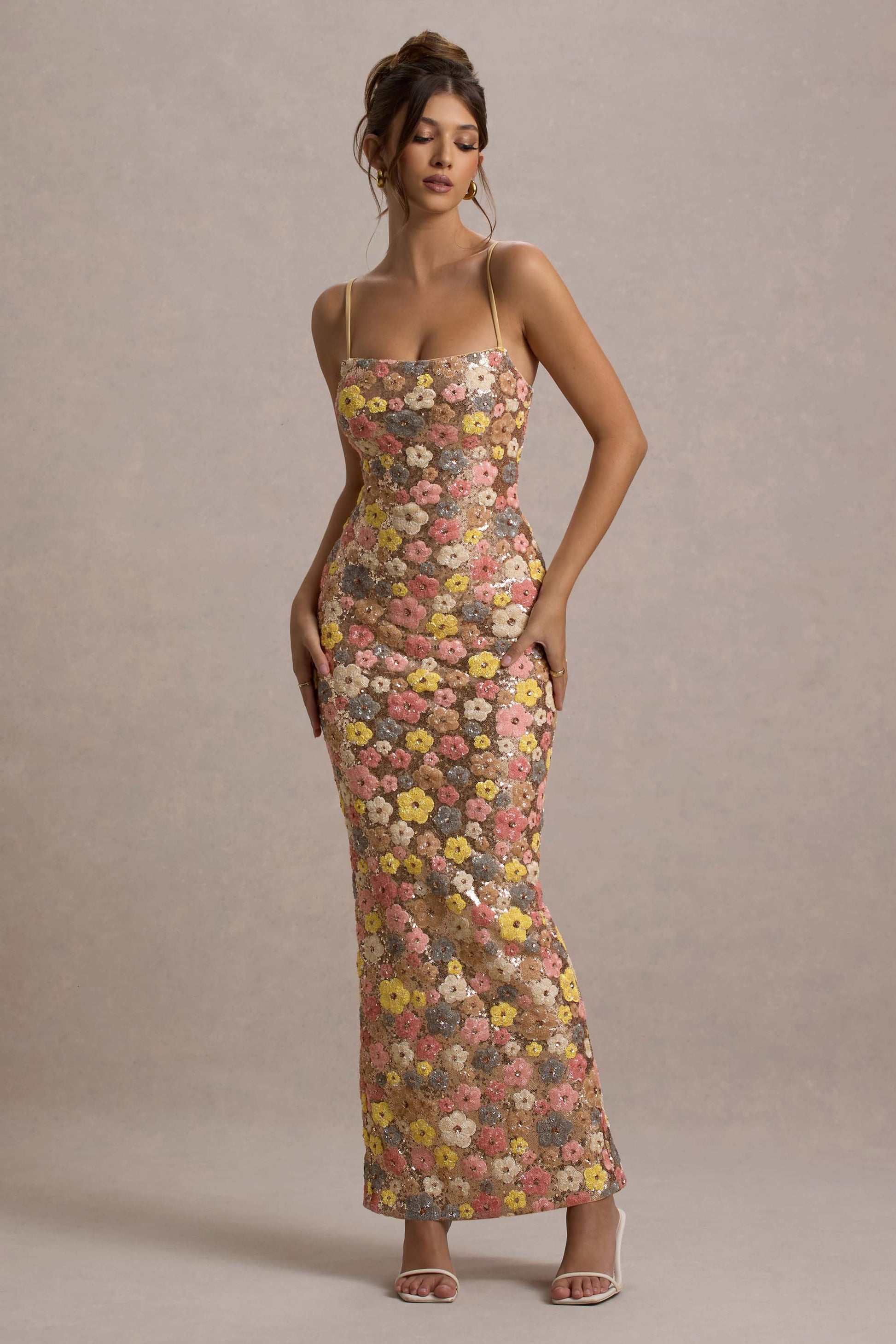 Women's floral sequin maxi dress, spaghetti strap, square neckline, slightly angled view