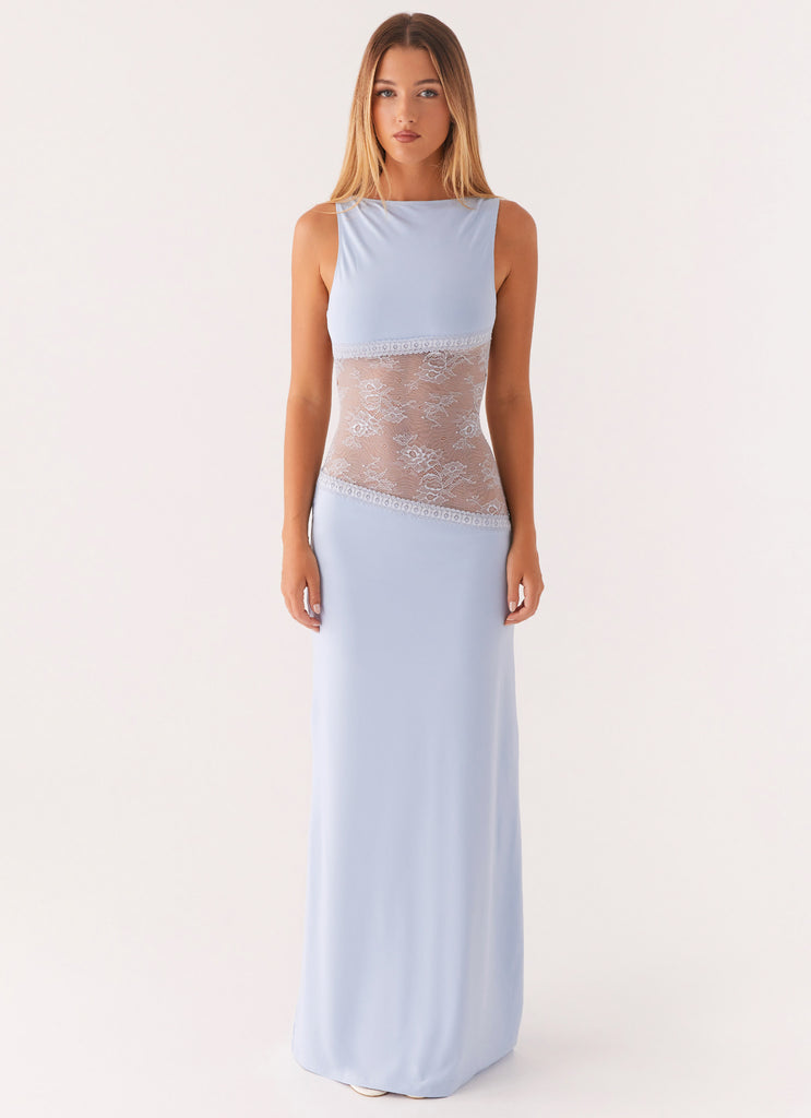 Light blue Camille Lace Maxi Dress with sheer lace midsection and boat neck, sleeveless design.