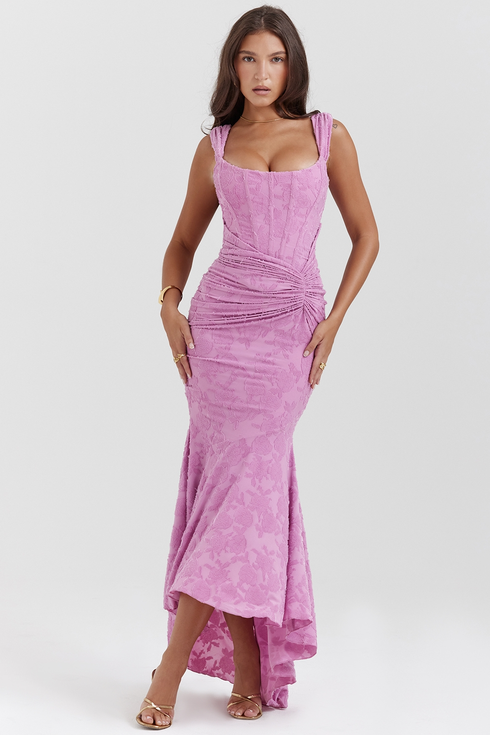 Full length front view of a lilac corset maxi dress with floral jacquard fabric and gathered waist detail.