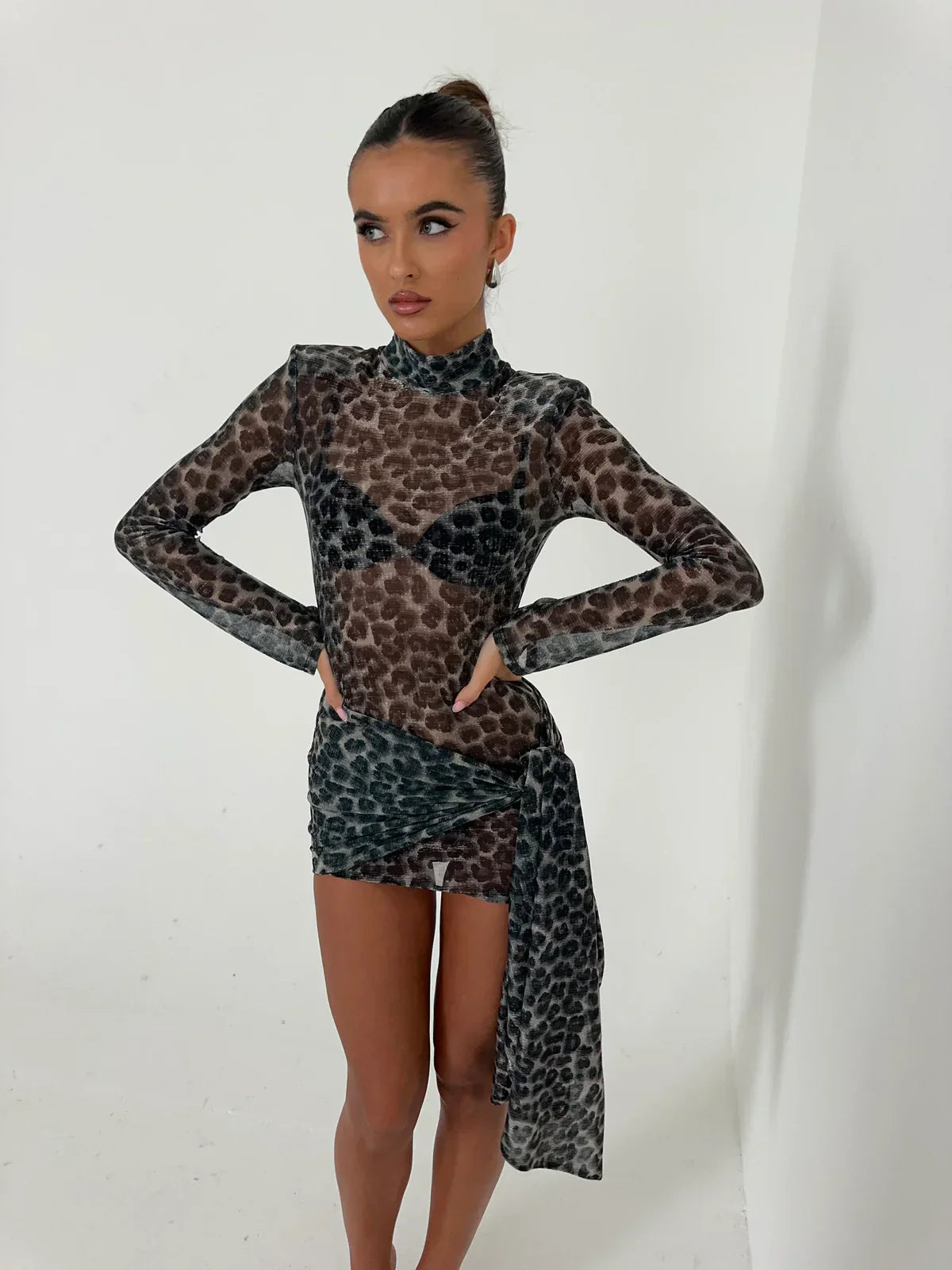 Carina Ruched Mini Dress in a sheer dark grey and black animal print, with a high neck, long sleeves, and a prominent side ruched drape.