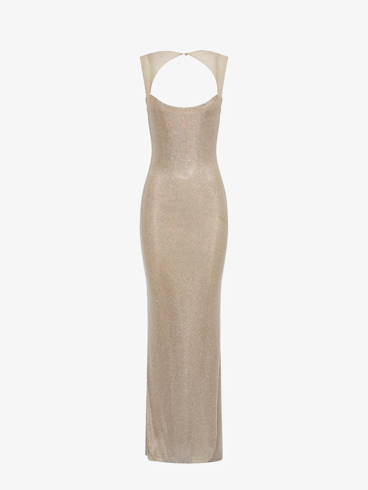 Studio shot of the Caroline Sequin Maxi Dress in a light gold or champagne color, featuring a scoop neckline and open back.
